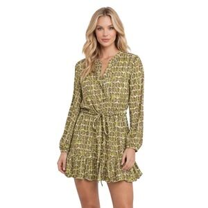Jessica Simpson Olive Green Geometric Print Cotton Ruffle Mini Dress XS NEW